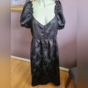 Disturbia Sylvie Black Puff-Sleeve Jacquard Midi Dress